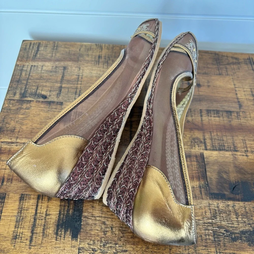 Prevata Gold and Brown Mesh Peep-Toe Wedge Size 6